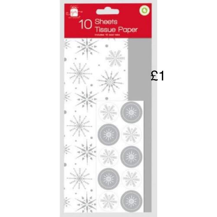 SILVER CHRISTMAS TISSUE PAPER AND LABELS - 10PK