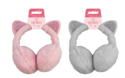 GIRLS CAT FLUFFY EAR MUFFS - 2 COLOURS