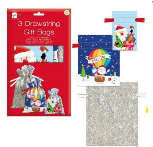 PACK OF 3 CHRISTMAS DRAWSTRING GIFT BAGS